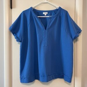 J. Jill Women's Plus Split-Neck French Terry S/S Pullover Shirt Top 2X Blue